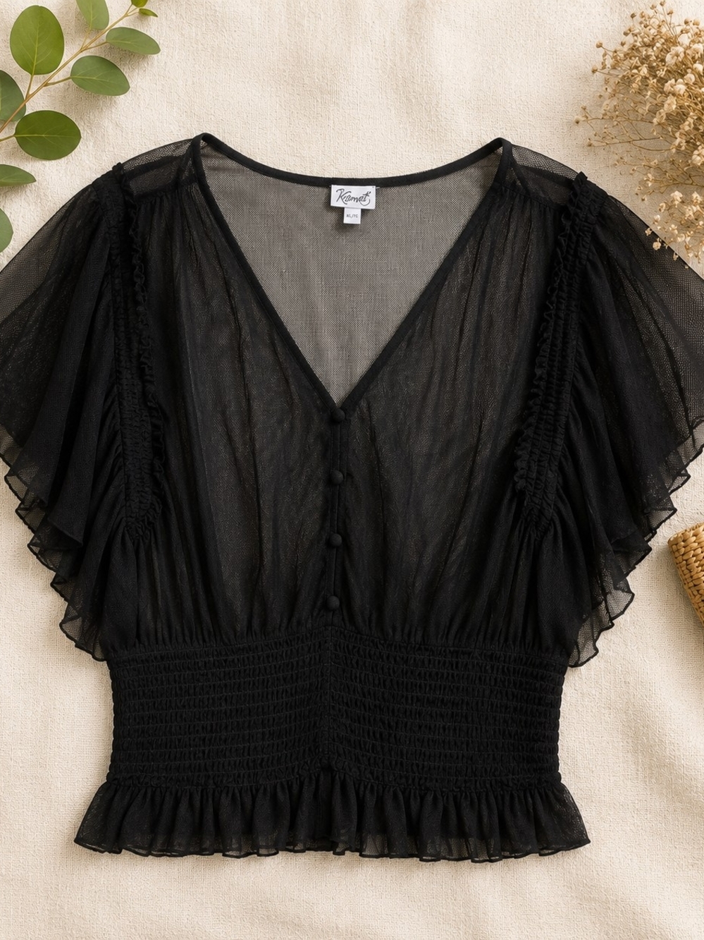 Kismet Black Sheer Romantic Flutter Sleeve Blouse XL